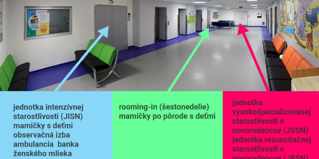 modrá: JISN - mamičky s deťmi, observácia, ambulancia, banka mlieka zelená: rooming-in ružová: JVSN, JRSN, JISN